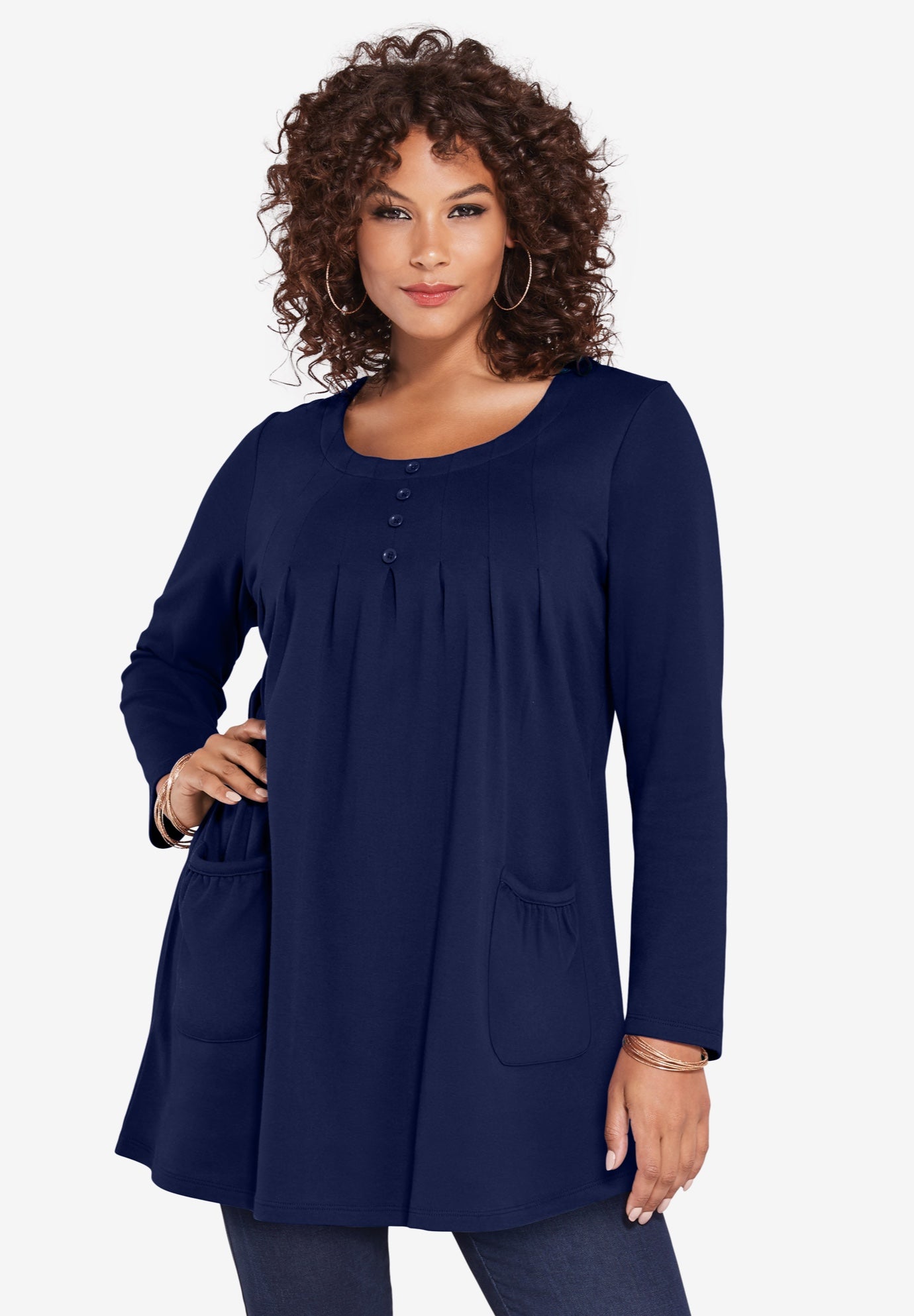 Plus Size Two Pocket Long Sleeve Soft Knit Swing Tunic image number 1