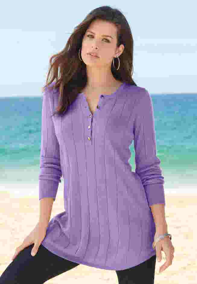 Plus Size Drop Needle Henley Lightweight Sweater Knit image number 0