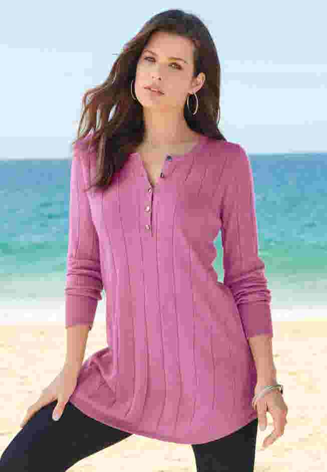 Plus Size Drop Needle Henley Lightweight Sweater Knit image number 0