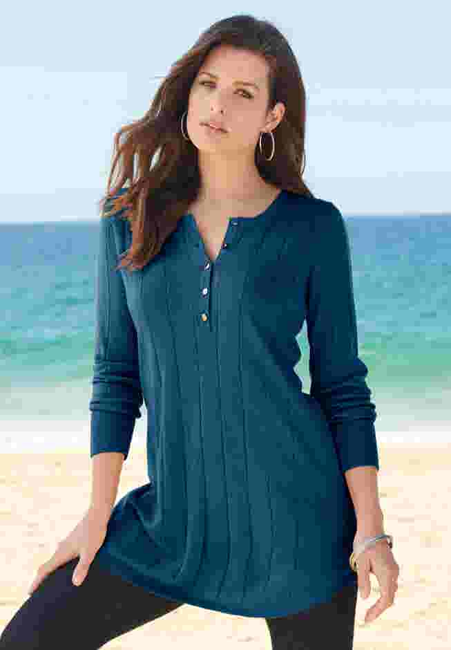 Plus Size Drop Needle Henley Lightweight Sweater Knit image number 0