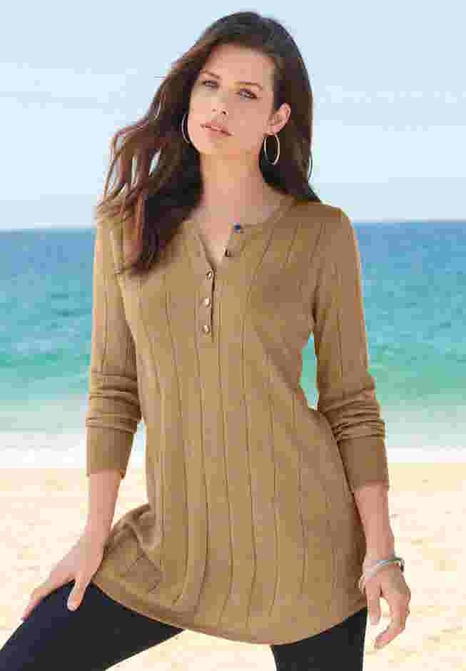 Plus Size Drop Needle Henley Lightweight Sweater Knit image number 0