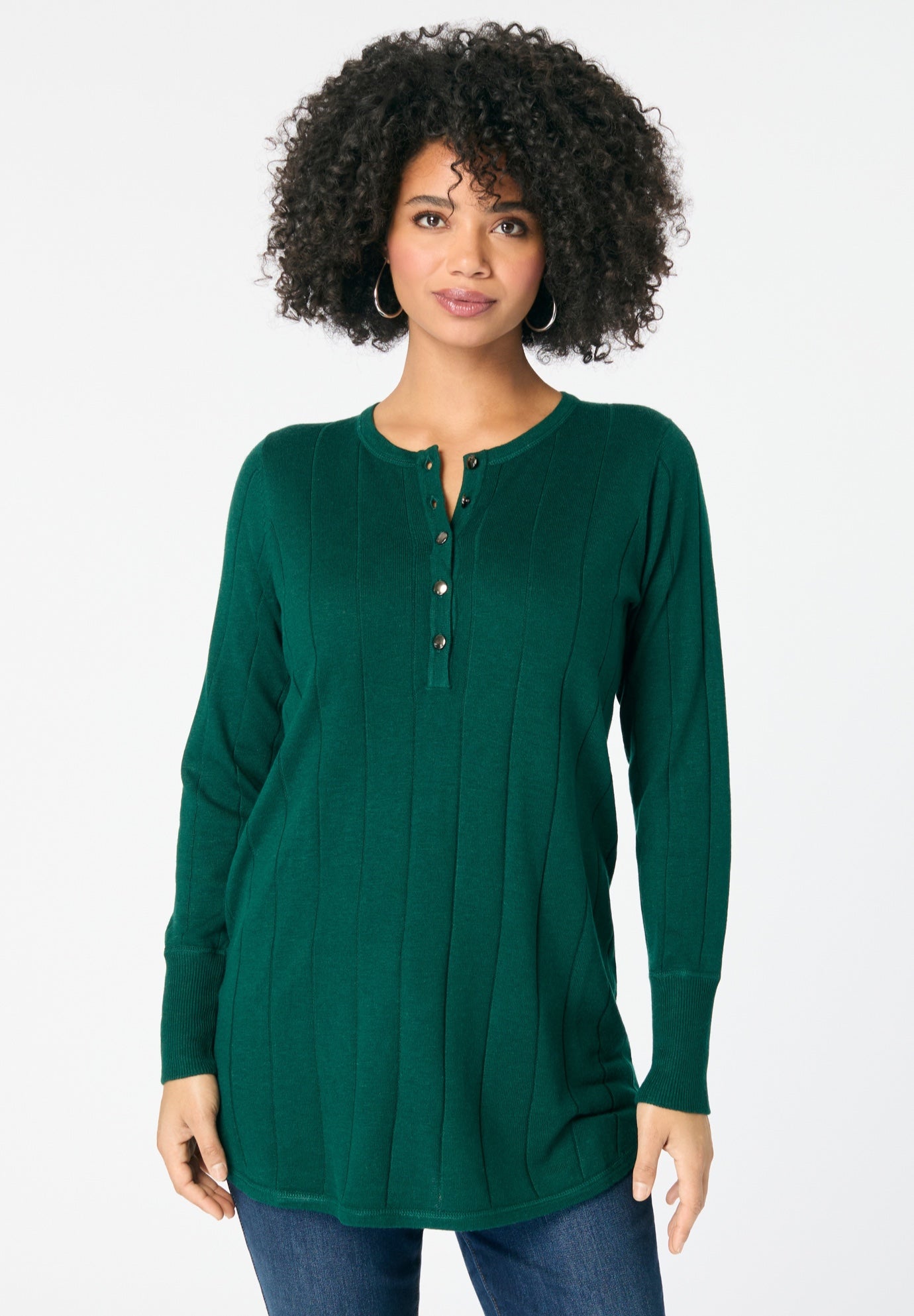 Plus Size Drop Needle Henley Lightweight Sweater Knit image number 1