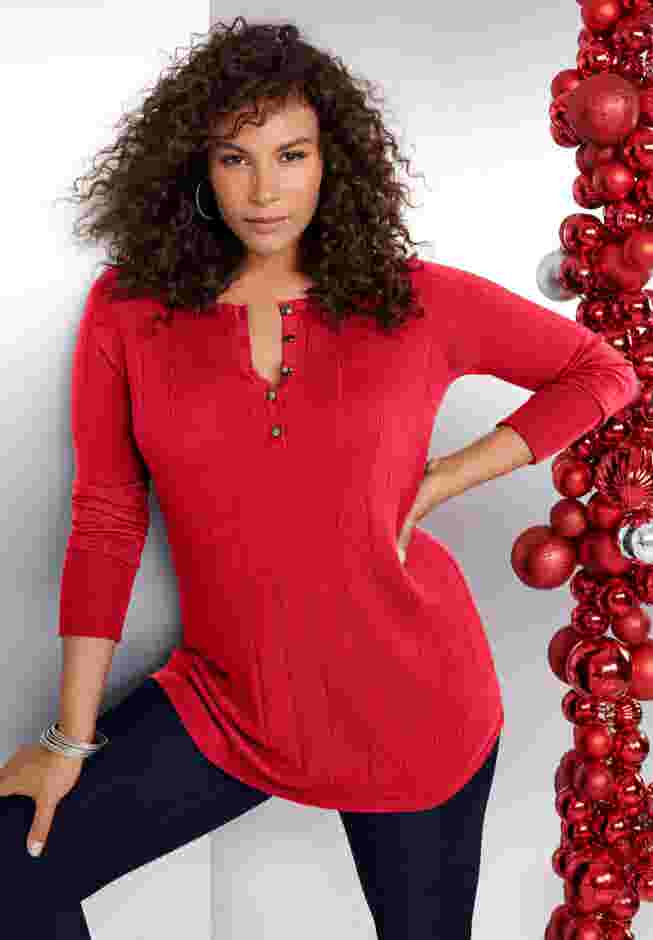 Plus Size Drop Needle Henley Lightweight Sweater Knit image number 0