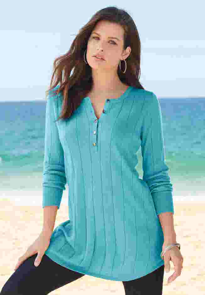 Plus Size Drop Needle Henley Lightweight Sweater Knit image number 0