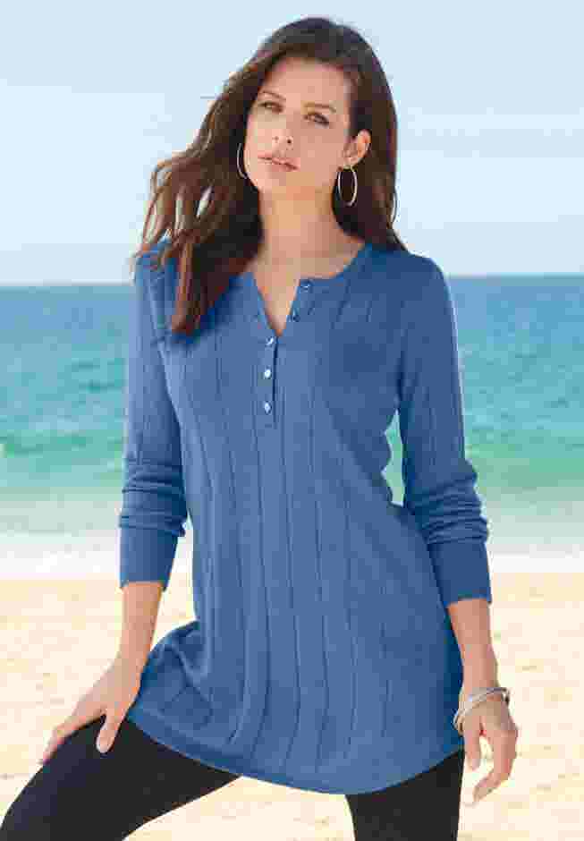 Plus Size Drop Needle Henley Lightweight Sweater Knit image number 0