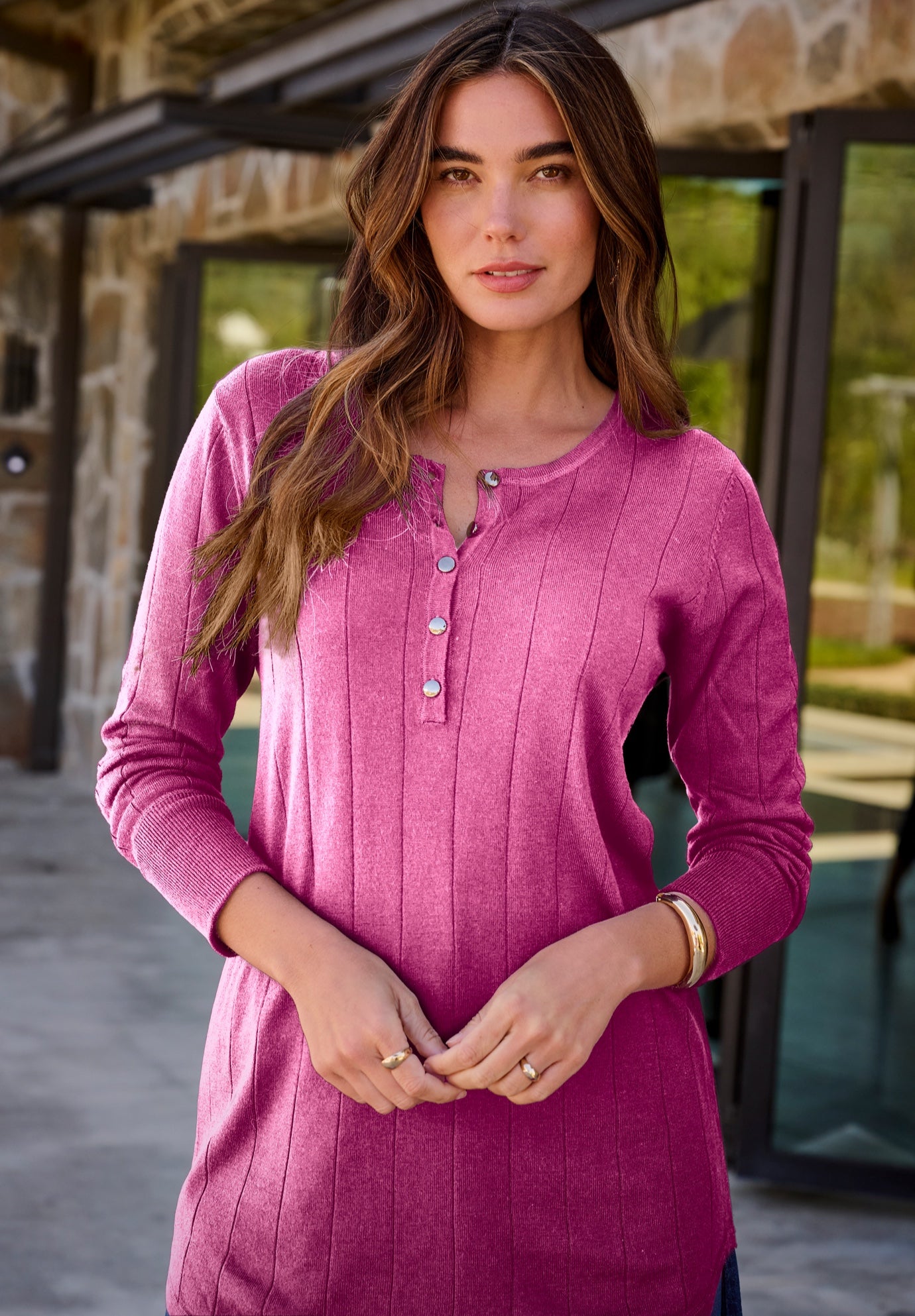 Plus Size Drop Needle Henley Lightweight Sweater Knit image number 1