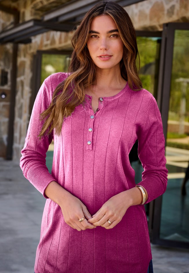 Plus Size Drop Needle Henley Lightweight Sweater Knit image number 1