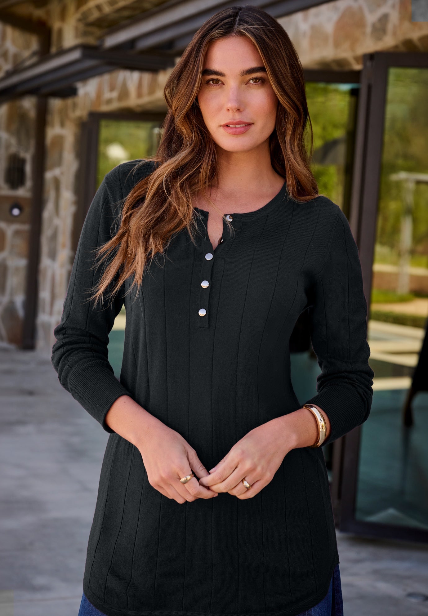 Plus Size Drop Needle Henley Lightweight Sweater Knit image number 1
