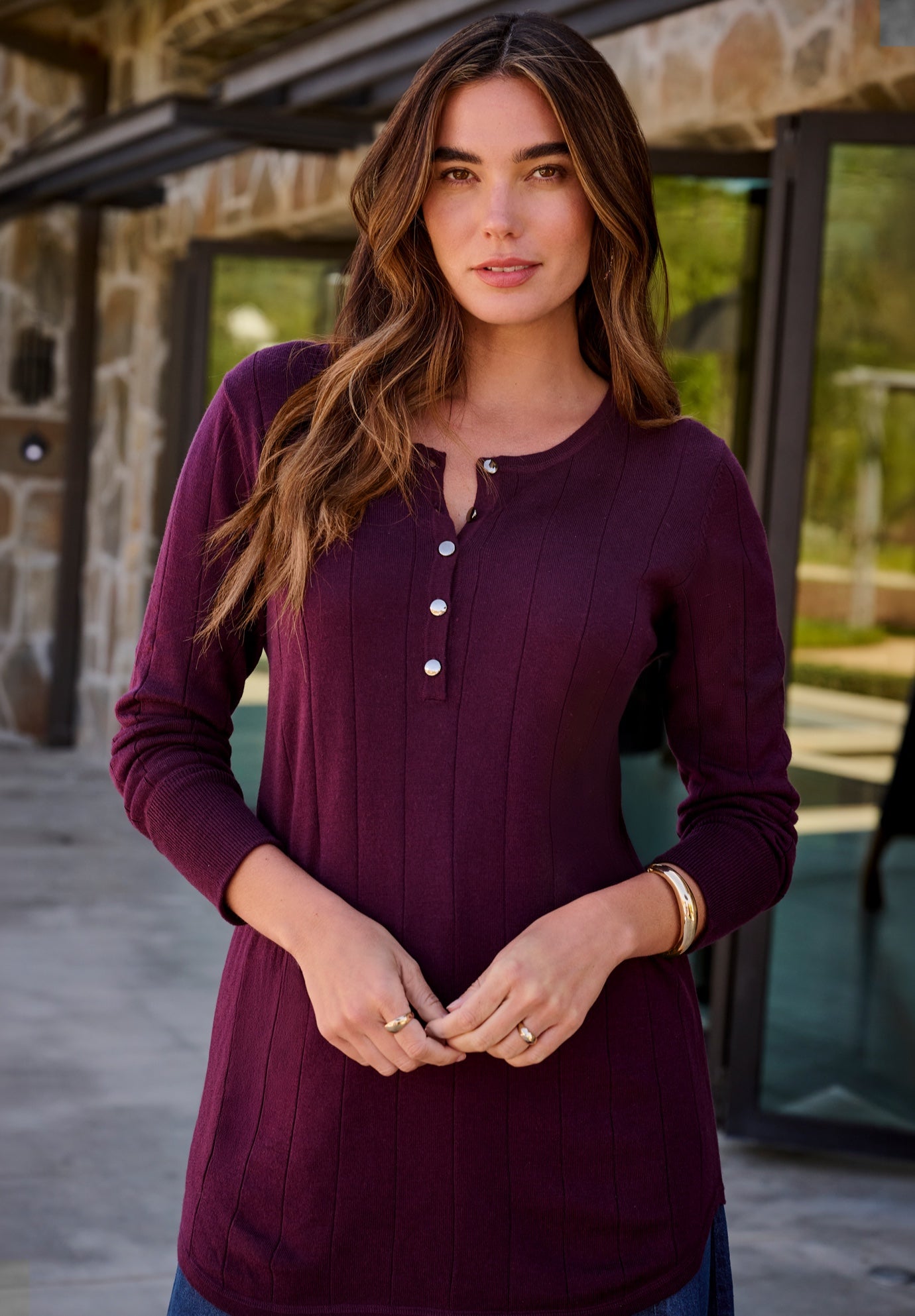 Plus Size Drop Needle Henley Lightweight Sweater Knit image number 1