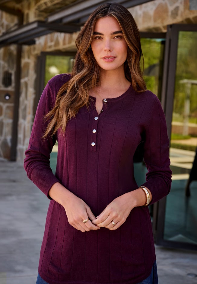 Plus Size Drop Needle Henley Lightweight Sweater Knit image number 1