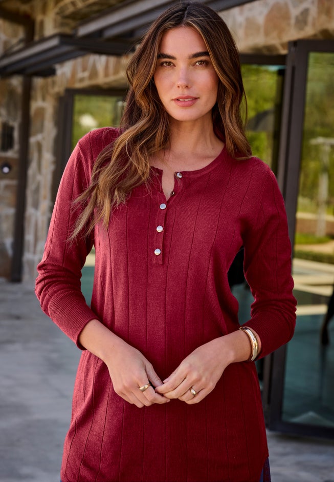 Plus Size Drop Needle Henley Lightweight Sweater Knit image number 1