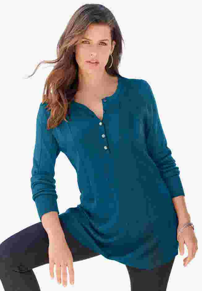 Plus Size Drop Needle Henley Lightweight Sweater Knit image number 0