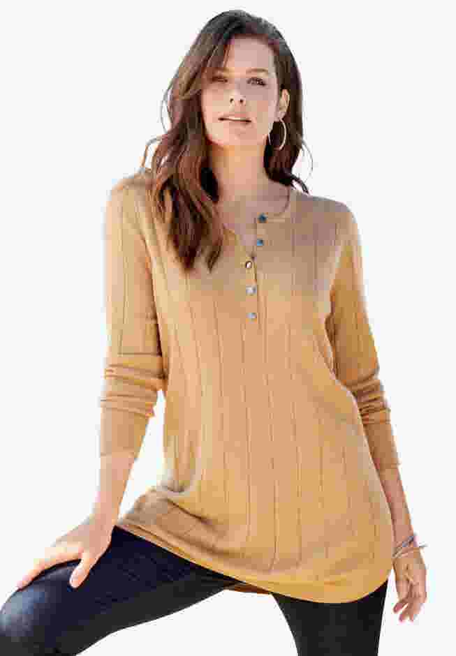 Fine Gauge Drop Needle Henley Sweater image number 0