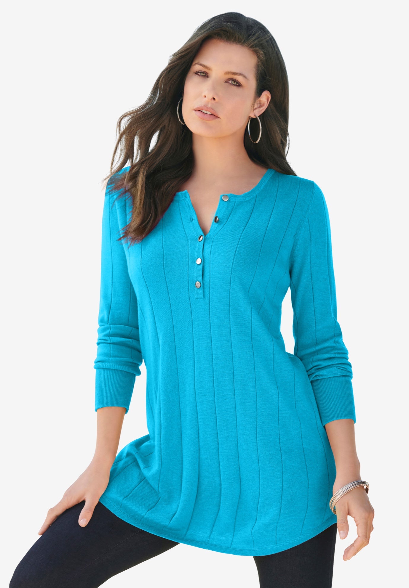 Plus Size Drop Needle Henley Lightweight Sweater Knit image number 0