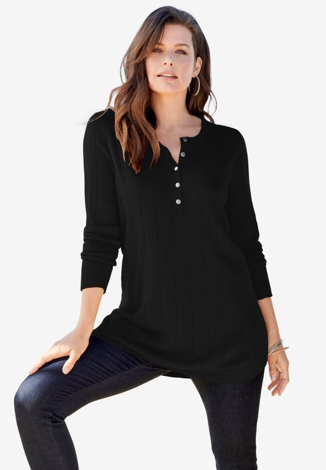 Plus Size Drop Needle Henley Lightweight Sweater Knit image number 0