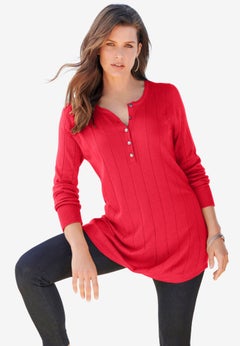 Plus Size Drop Needle Henley Lightweight Sweater Knit