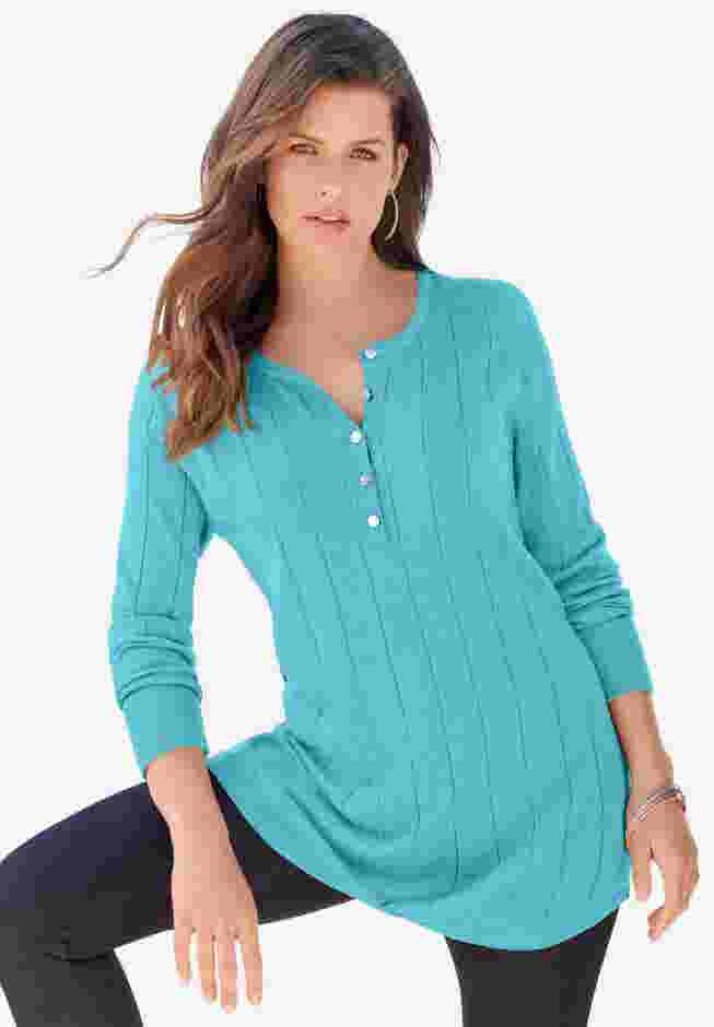 Plus Size Drop Needle Henley Lightweight Sweater Knit image number 1