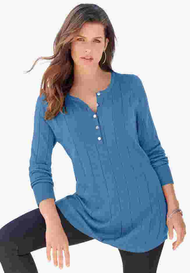 Plus Size Drop Needle Henley Lightweight Sweater Knit image number 0