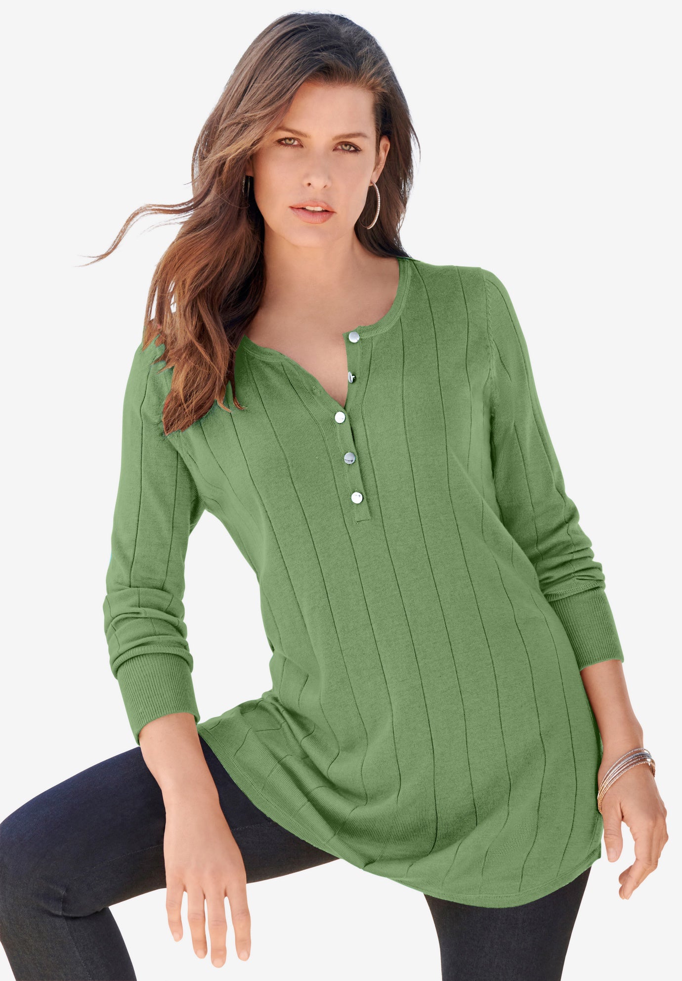 Plus Size Drop Needle Henley Lightweight Sweater Knit image number 1