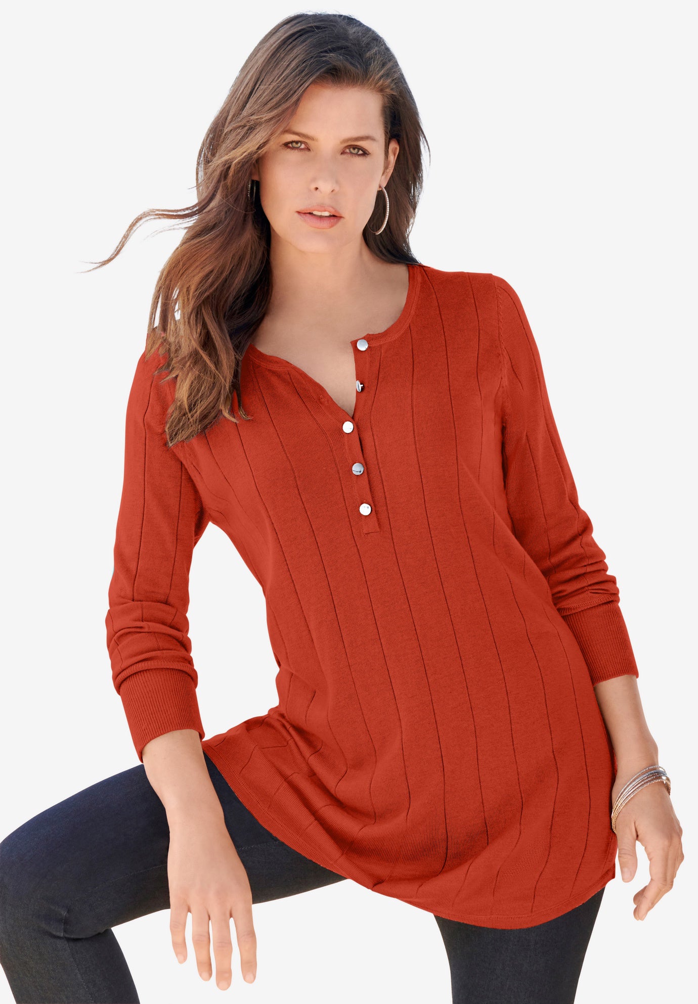 Plus Size Drop Needle Henley Lightweight Sweater Knit image number 0