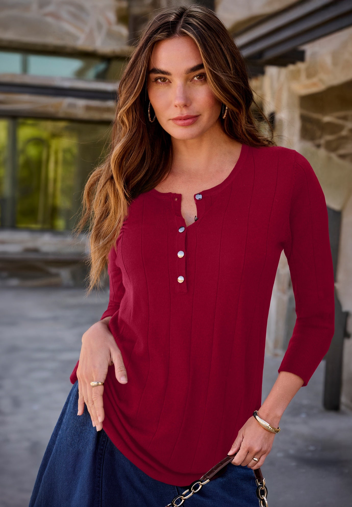 Plus Size Drop Needle Henley Lightweight Sweater Knit image number 0