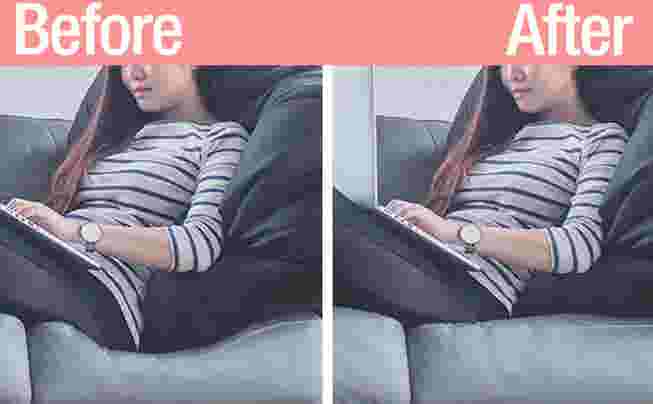 A woman sitting on a couch with and without a cushion support.