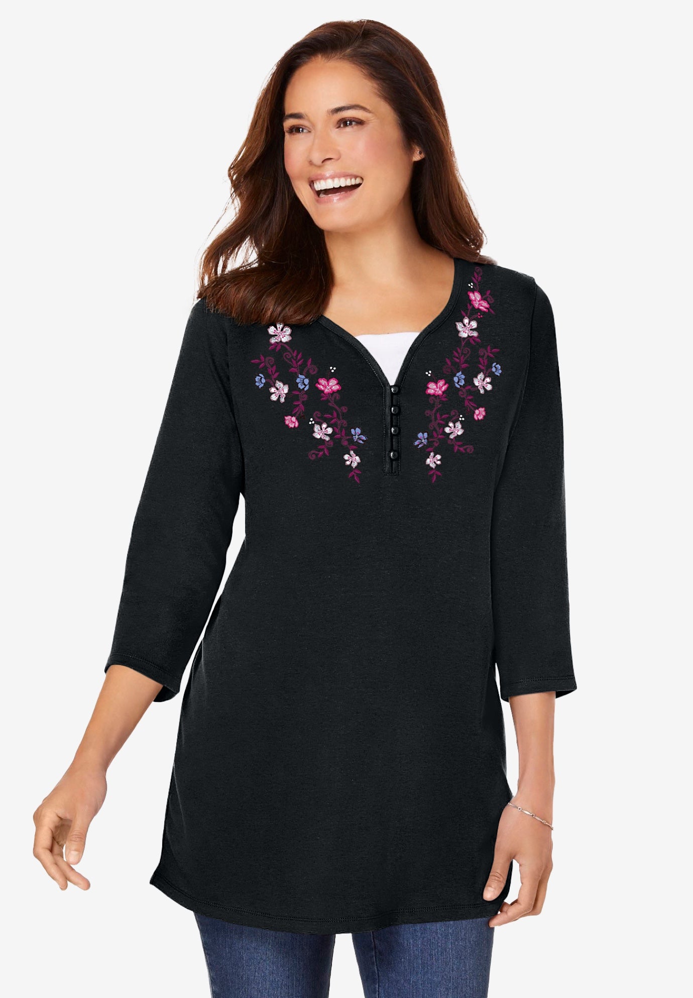 7-Day Layered-Look Embroidered Henley Tunic image number 5
