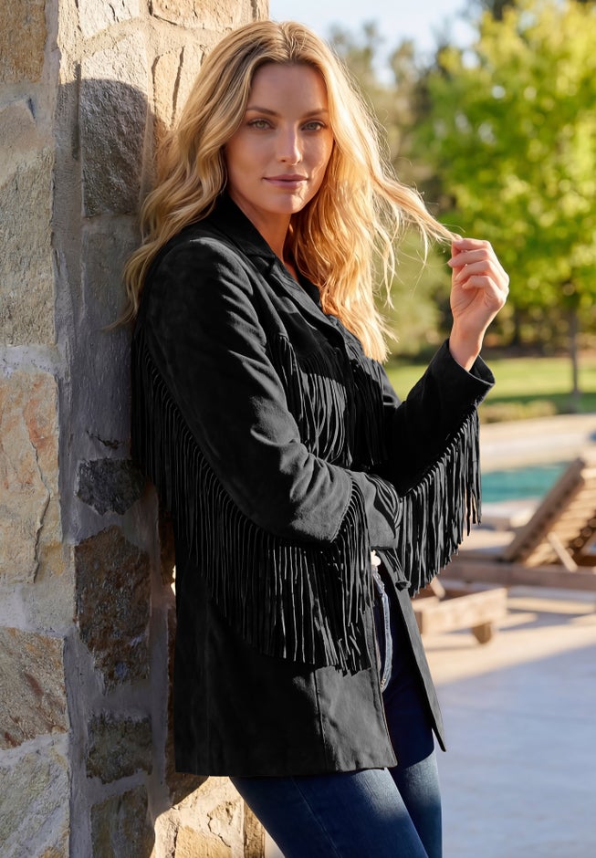 Plus Size Fringe Suede Jacket image number 1