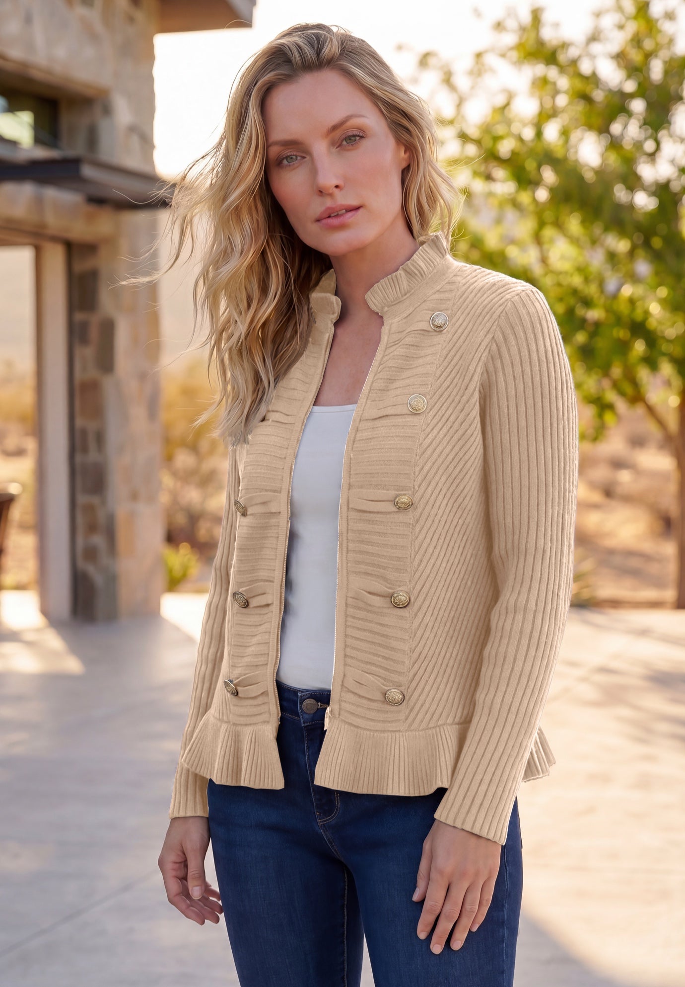 Plus Size Military-Inspired Ribbed Cardigan Sweater image number 0