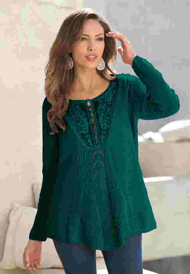 Plus Size Lace Yoke Pullover Sweater image number 0