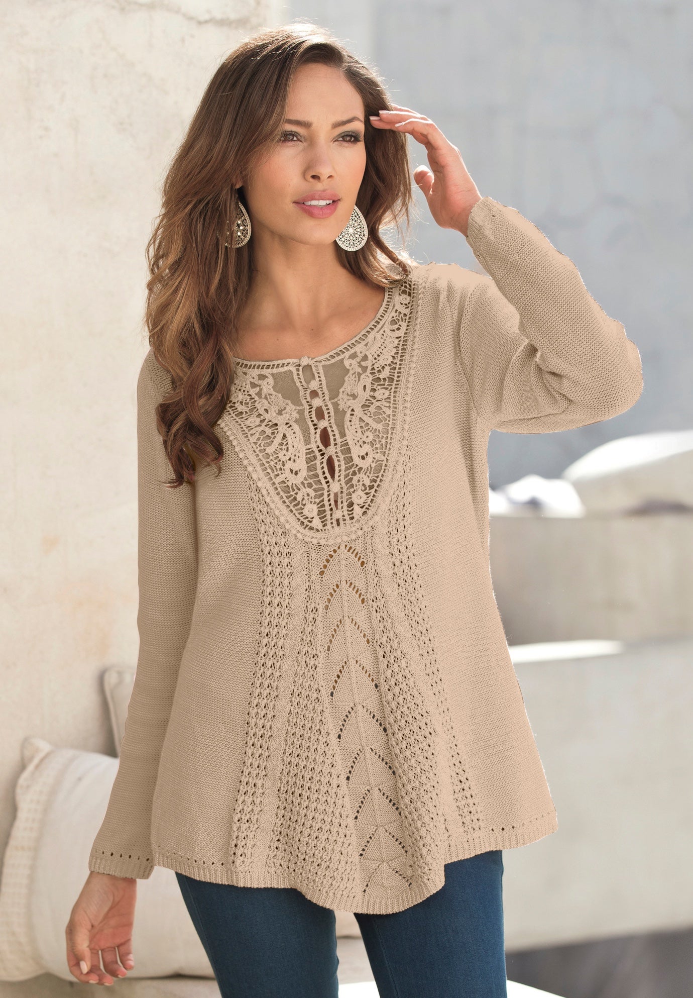 Plus Size Lace Yoke Pullover Sweater image number 0