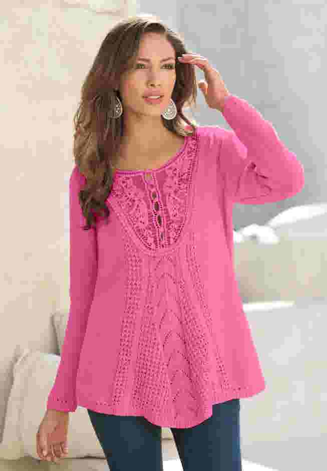 Plus Size Lace Yoke Pullover Sweater image number 0