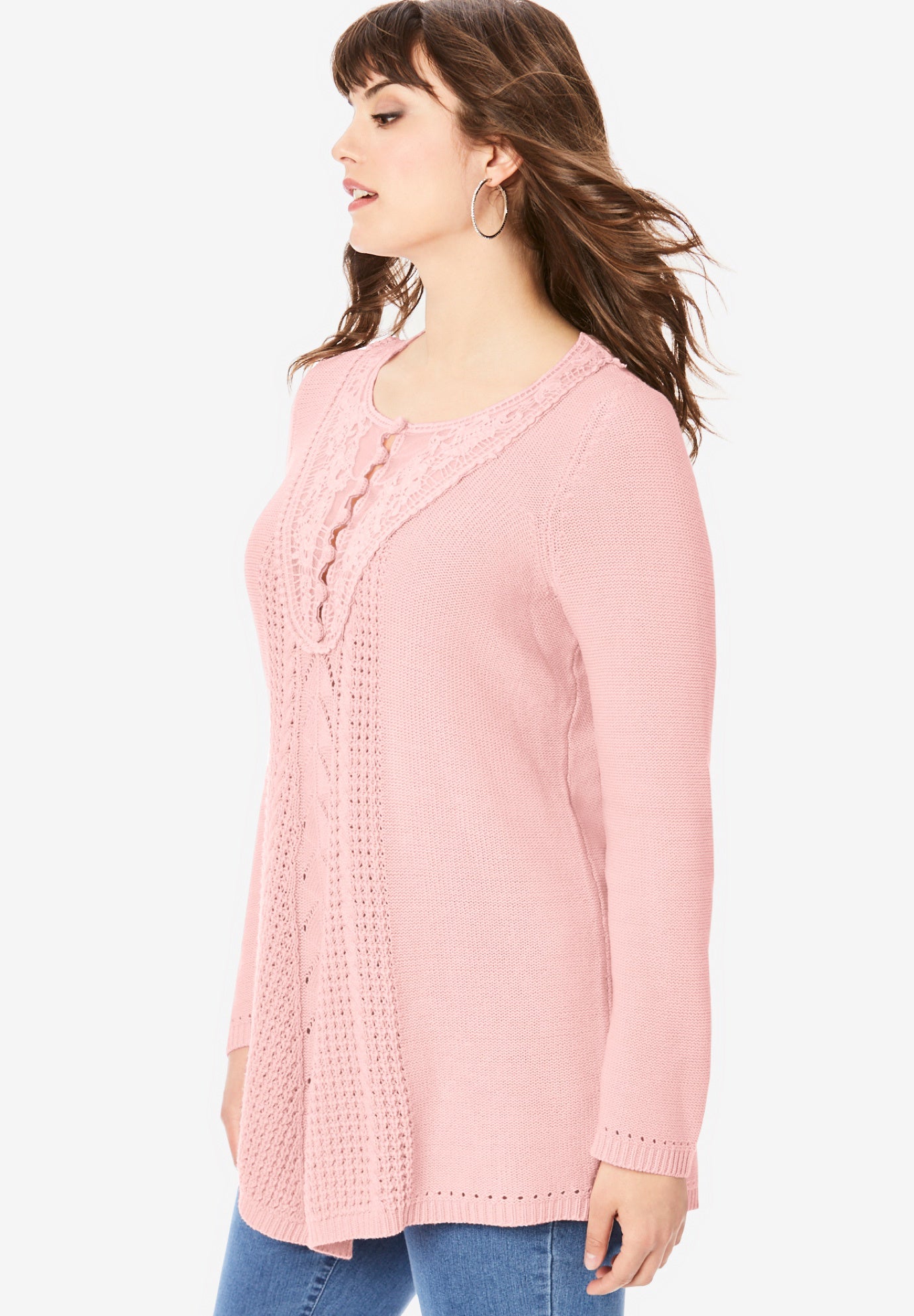 Plus Size Lace Yoke Pullover Sweater image number 4