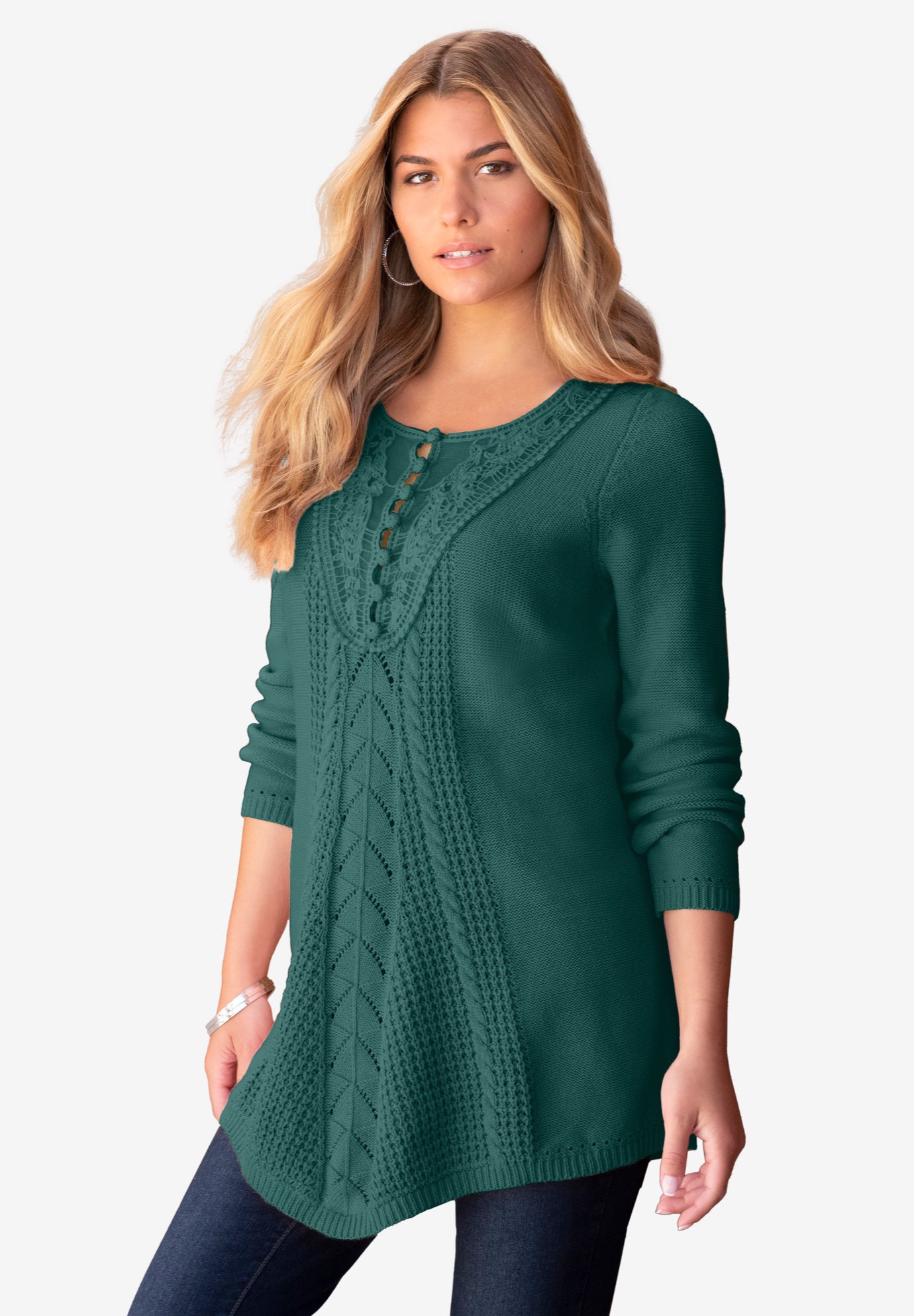 Plus Size Lace Yoke Pullover Sweater image number 2