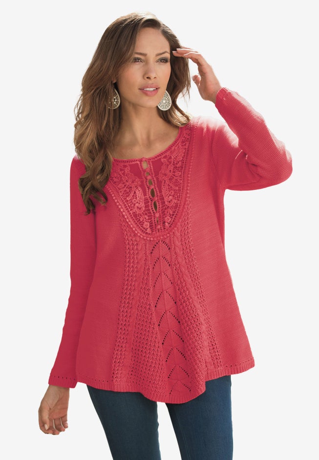 Plus Size Lace Yoke Pullover Sweater image number 1