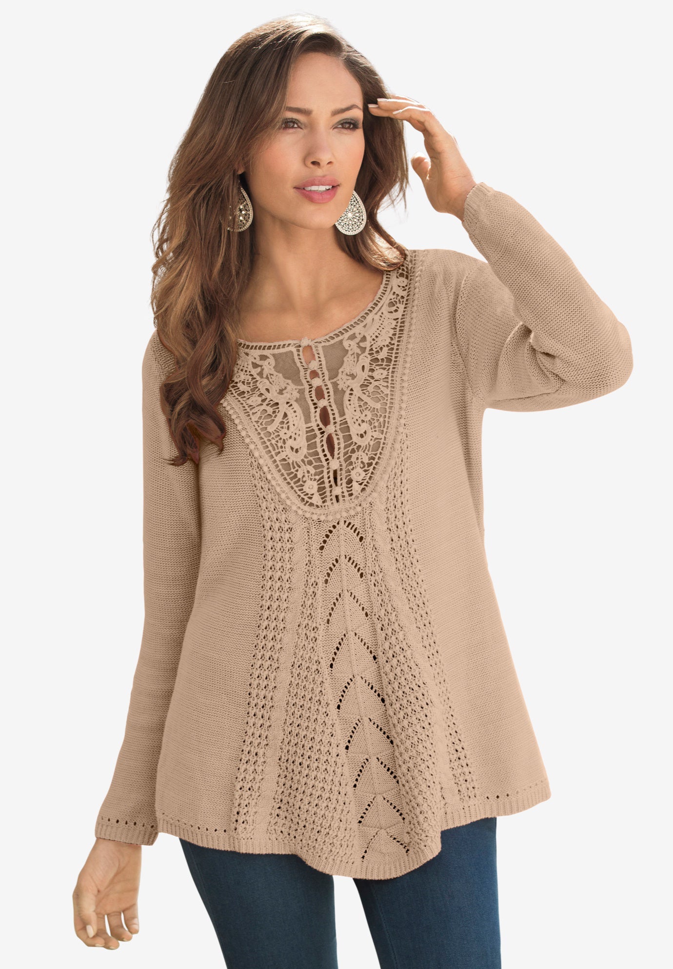 Plus Size Lace Yoke Pullover Sweater image number 2