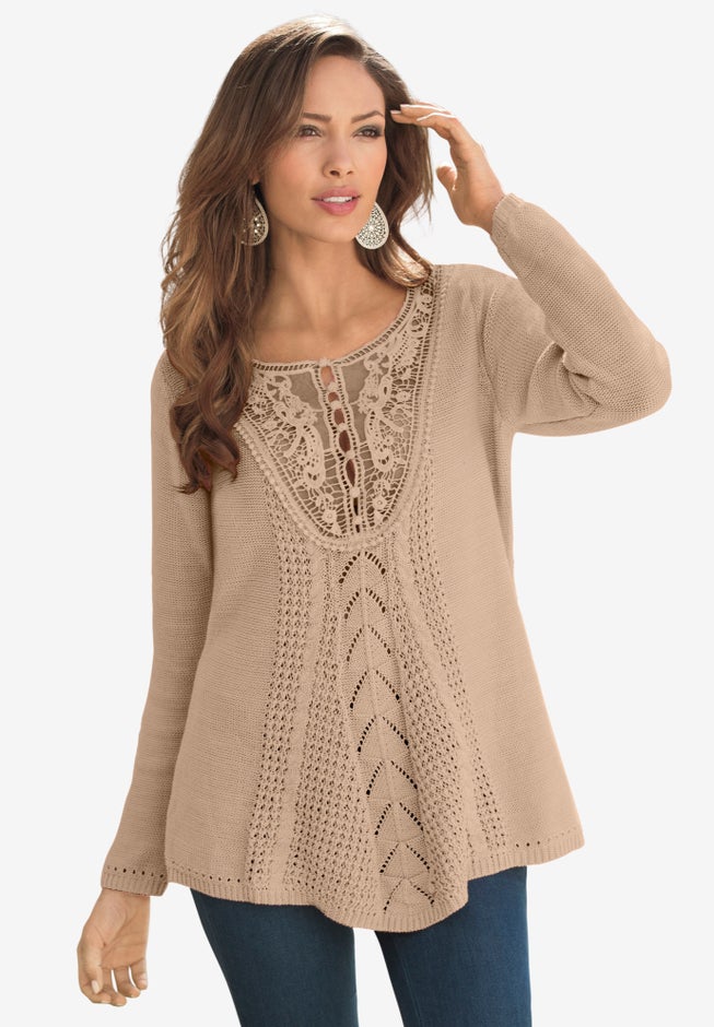 Plus Size Lace Yoke Pullover Sweater image number 2