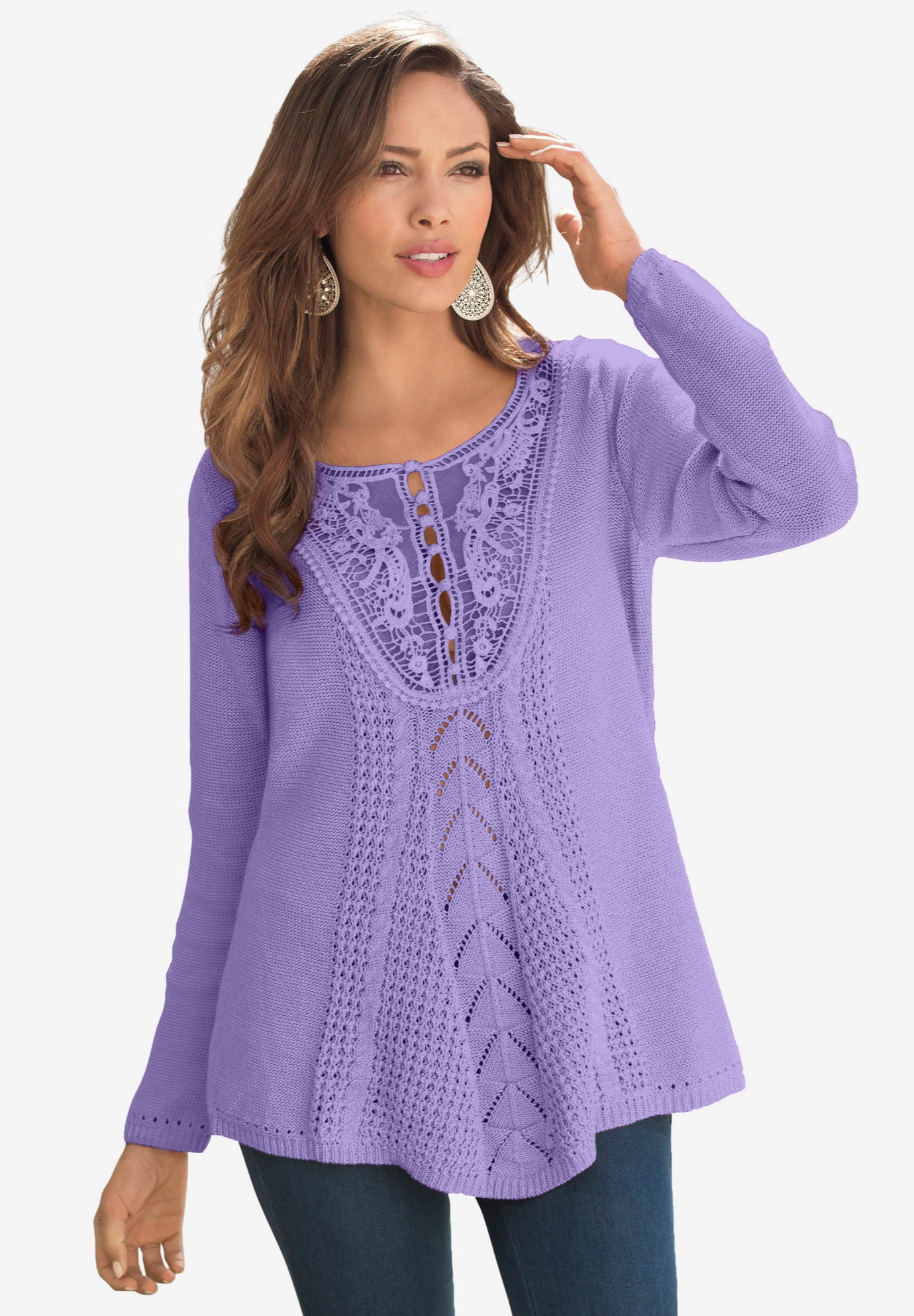 Plus Size Lace Yoke Pullover Sweater image number 2
