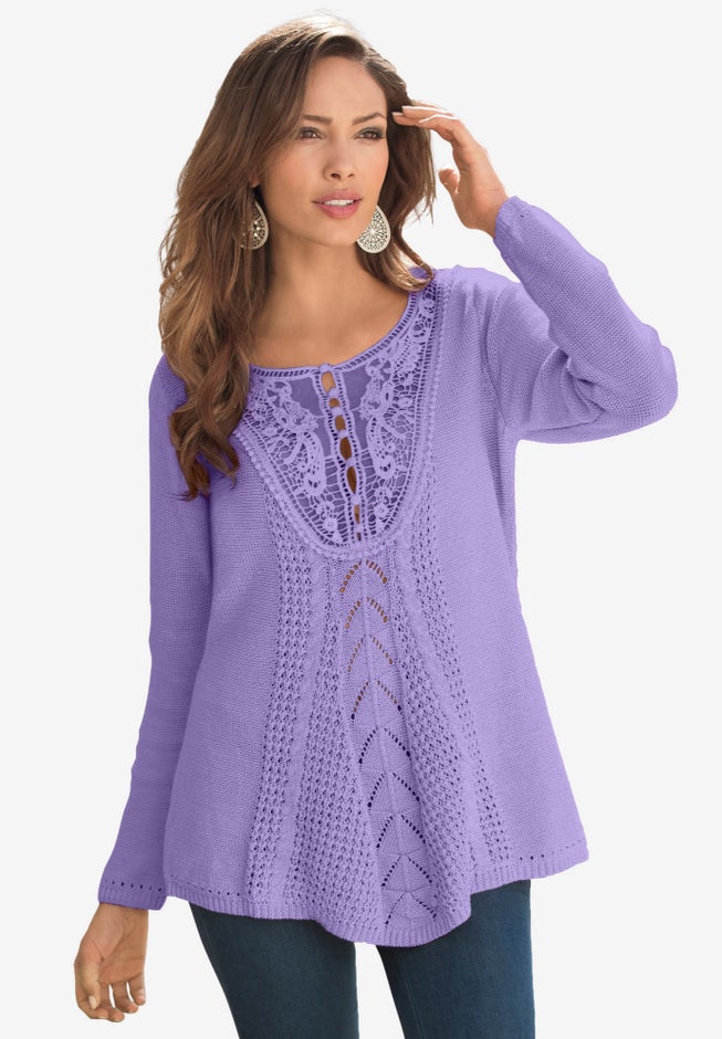 Plus Size Lace Yoke Pullover Sweater image number 2