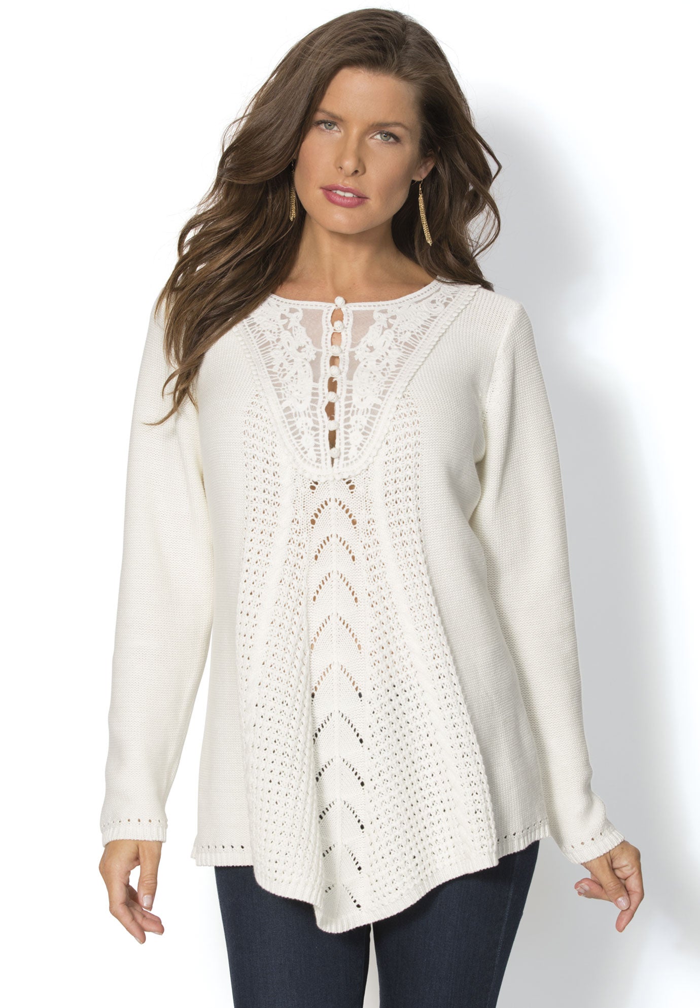 Plus Size Lace Yoke Pullover Sweater image number 2