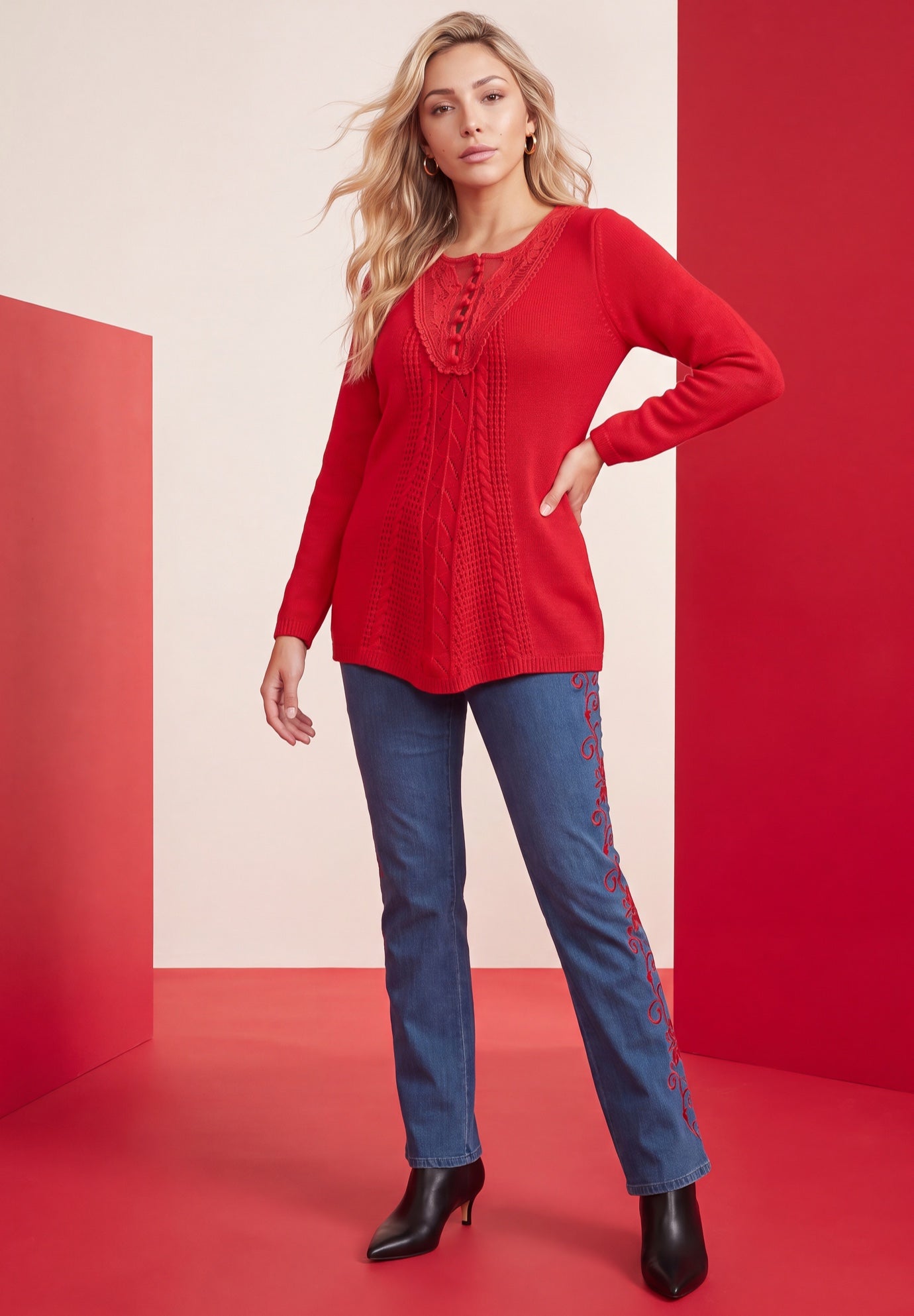 Plus Size Lace Yoke Pullover Sweater image number 0