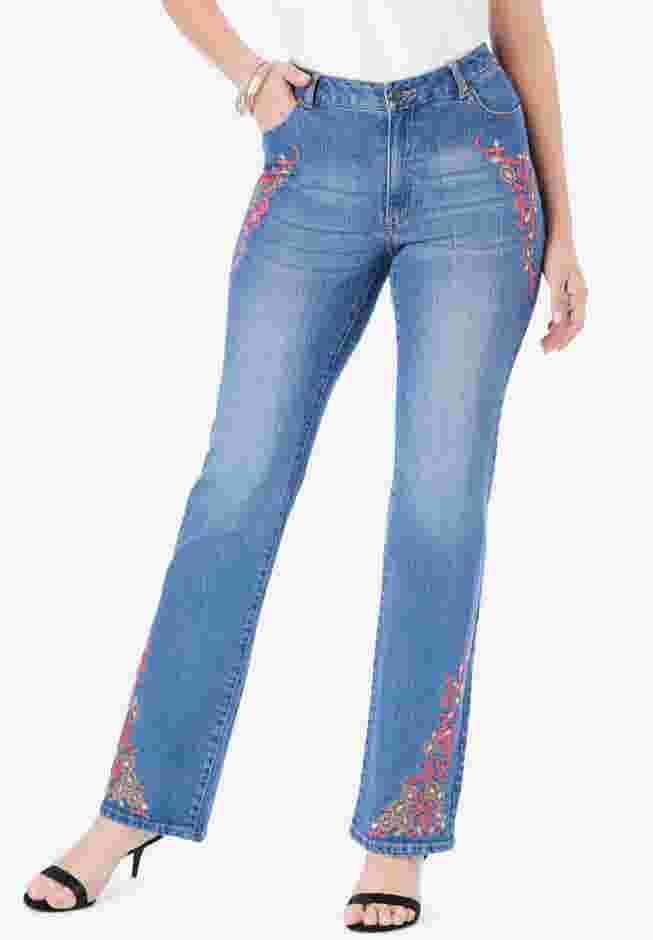 Invisible Stretch® Two-Tone Embroidered Bootcut Jeans image number 0