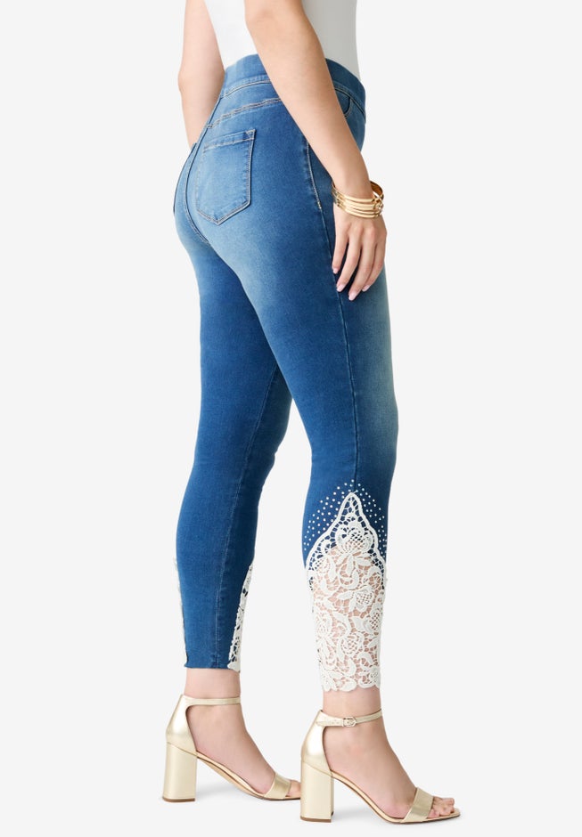 Plus Size 360° Stretch Lace Applique Jean image number 2