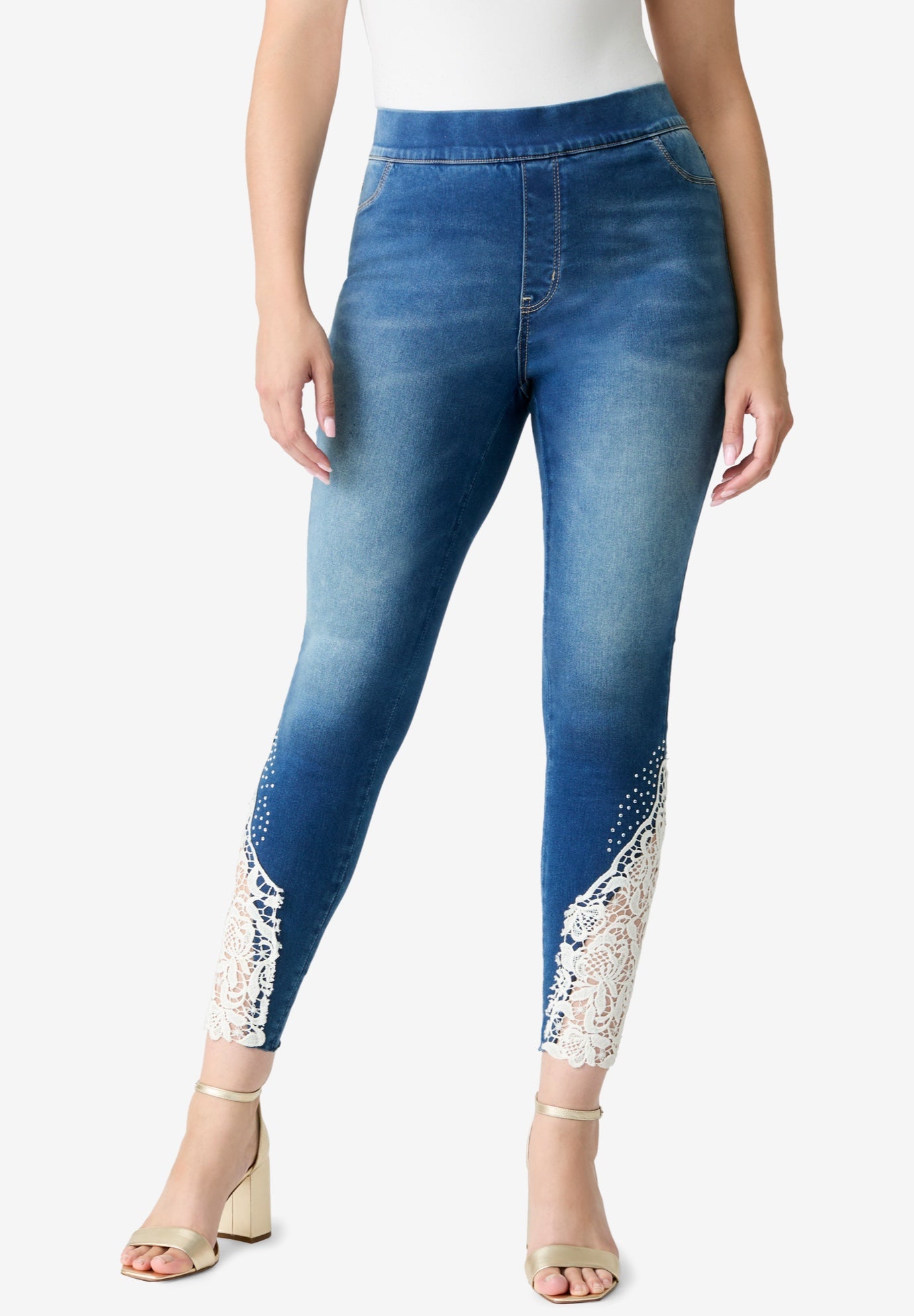 Plus Size 360° Stretch Lace Applique Jean image number 0