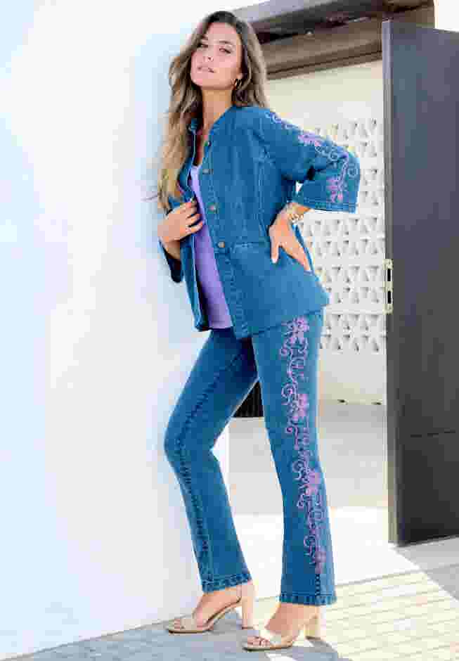 Embroidered Button Front Peplum Denim Jacket image number 2