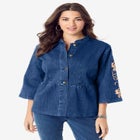 Embroidered Button Front Peplum Denim Jacket image number null