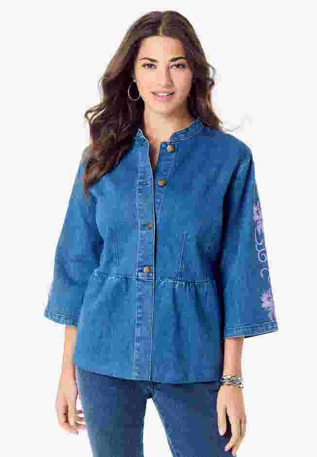 Embroidered Button Front Peplum Denim Jacket image number 0