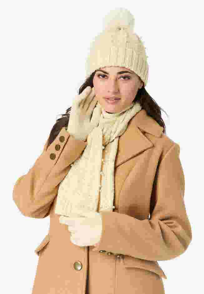 Pearl-Embellished Cable-Knit Hat, Scarf and Glove Set. image number 0