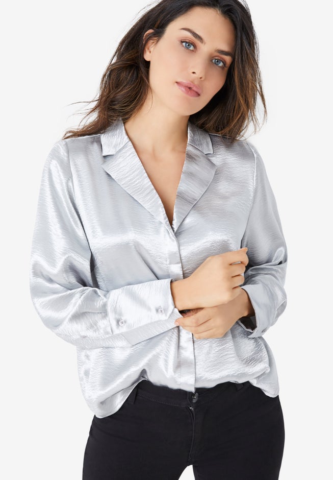 Metallic Satin Button-Down Blouse image number null
