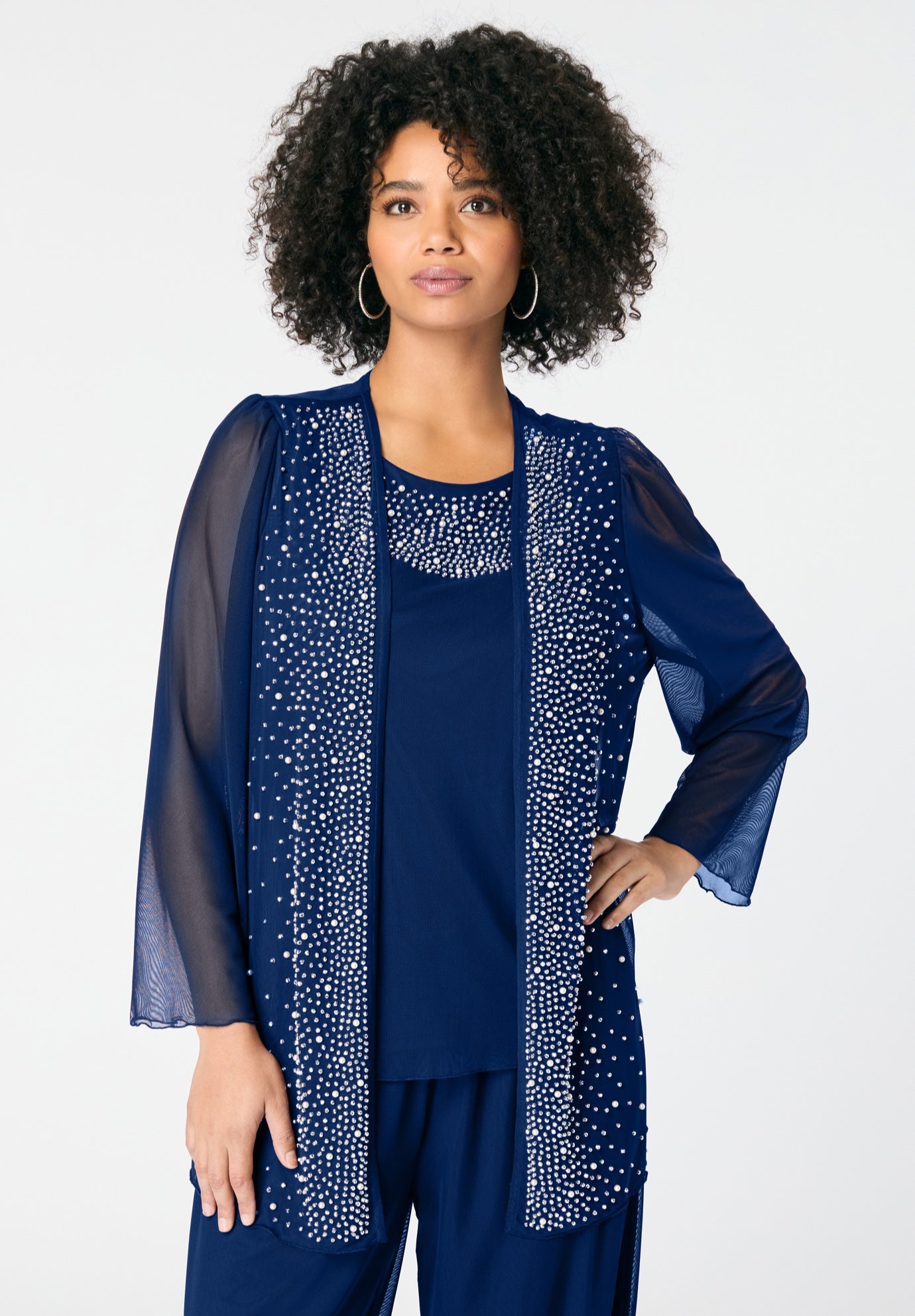 Mesh Overlay Cardigan and Tank Set. image number 0